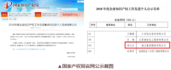 喜訊丨揚(yáng)力集團(tuán)總工程師仲太生榮獲“2018年度企業(yè)知識產(chǎn)權(quán)工作先進(jìn)個人”榮譽(yù)稱號！
